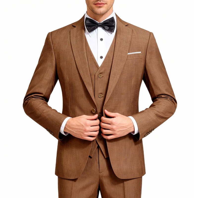 YFFUSHI Men's 3 Piece Suit Set One Button Solid Blazer Jacket Vest Pants for Business, Wedding and Prom Khaki - Image 1